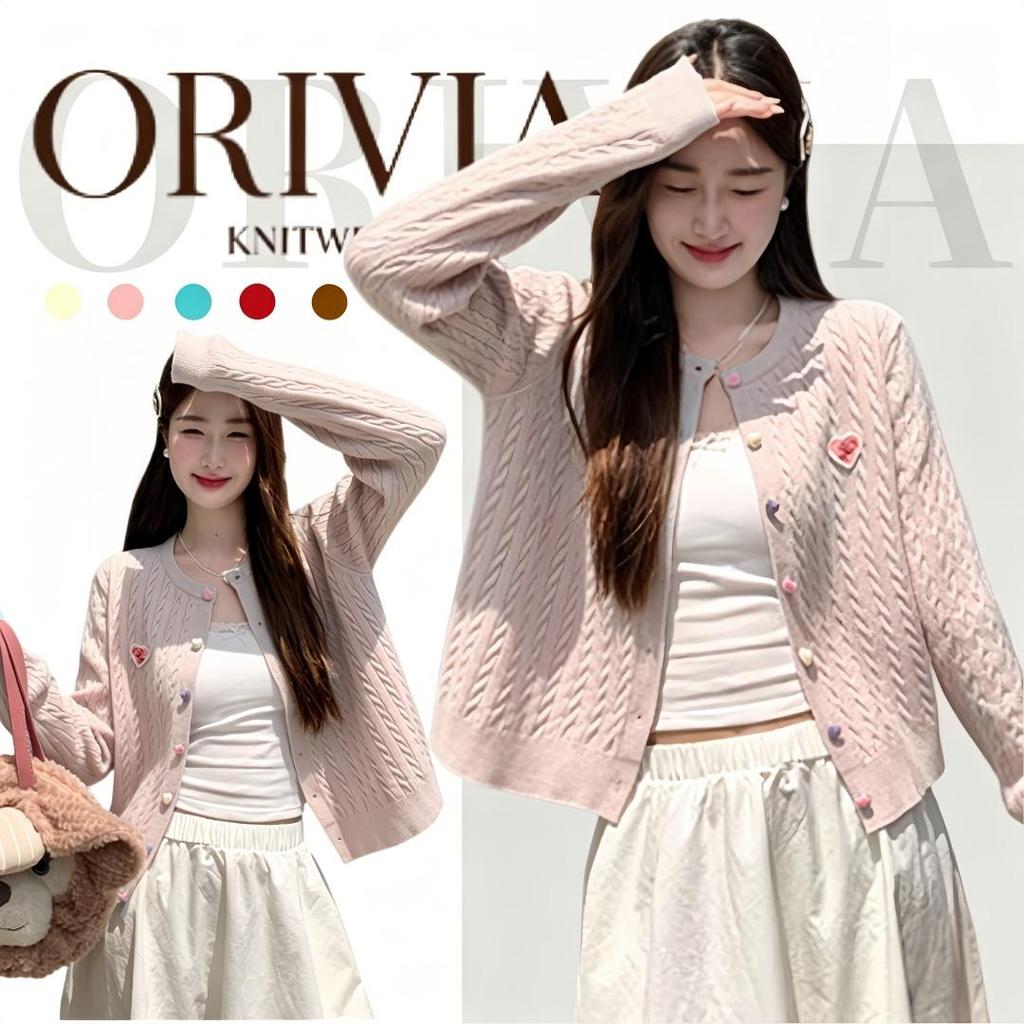 ORIVIA -16697เสื้อคลุมไหมพรมสีลูกกวาดรุ่นใหม่ ลายหัวใจ กระดุมสีสันสดใส นุ่มสบาย ใส่ได้หลายโอกาส
