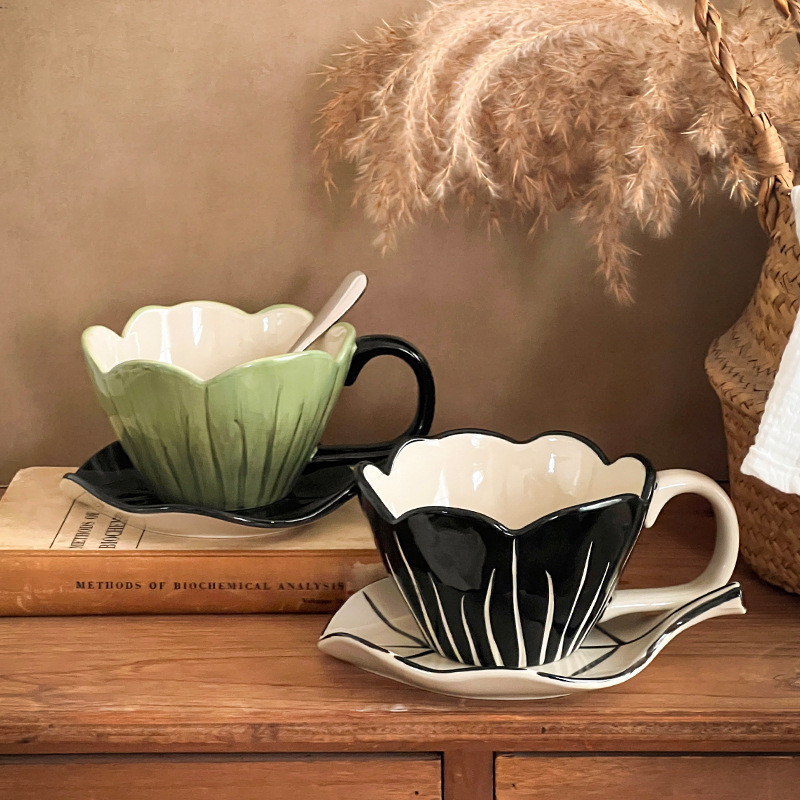 Tulip Flower Ceramic Coffee Cup Saucer Set Retro Cup Afternoon Tea Latte Latte Water Cup