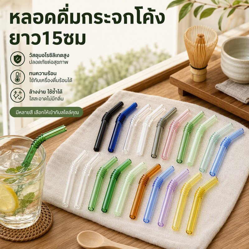 หลอดแก้วดื่ม หลอดแก้วโค้ง 15 เซนติเมตร บอโรซิลิเกต ทนร้อน ใช้ซ้ำได้ หลายสี โฮมคาเฟ่