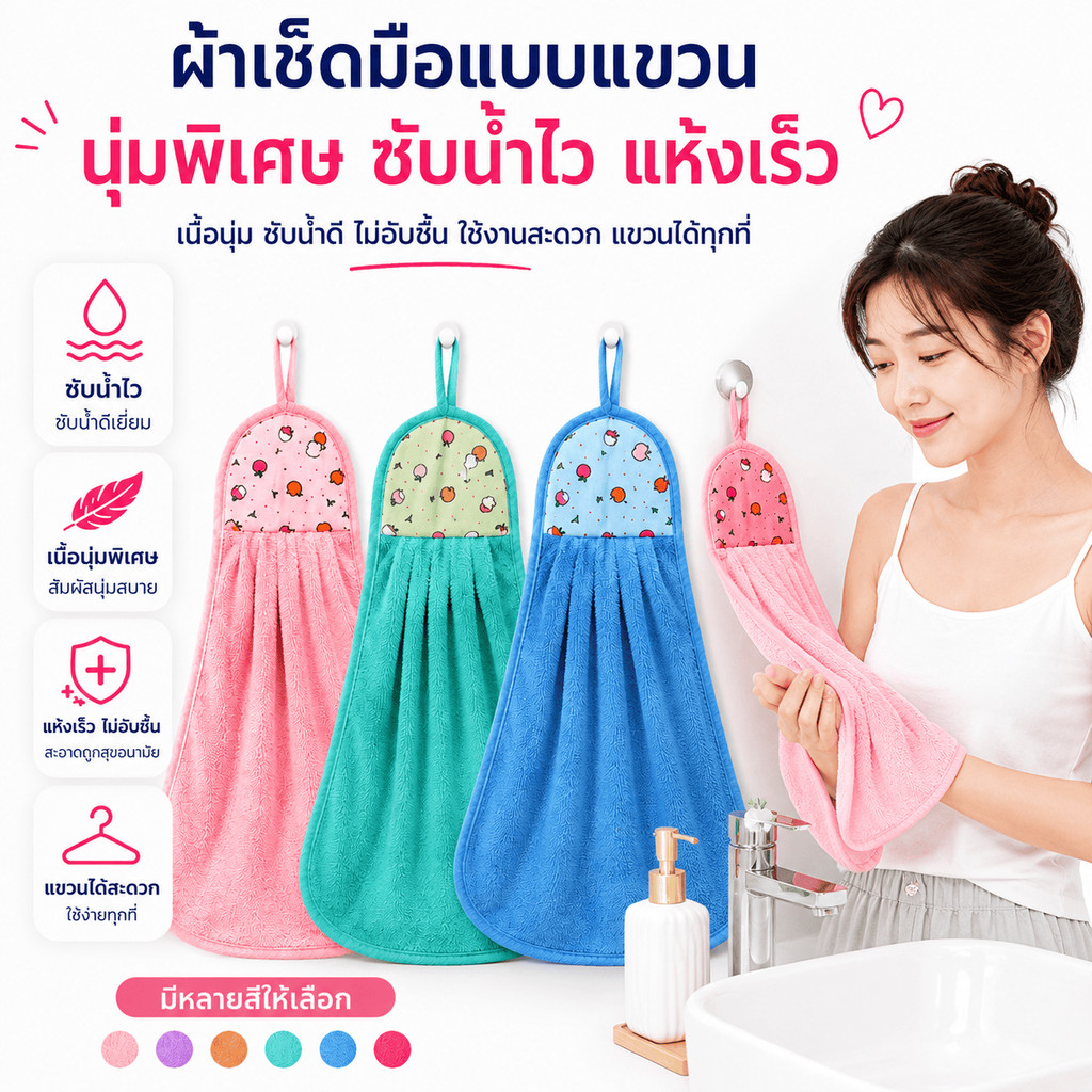 XSJ-01 【สีพื้น】ผ้าทำความสะอาด ผ้าเช็ดมือแบบแขวน ขนเป็ด ซับน้ำดี ขนาด 35x25 ซม