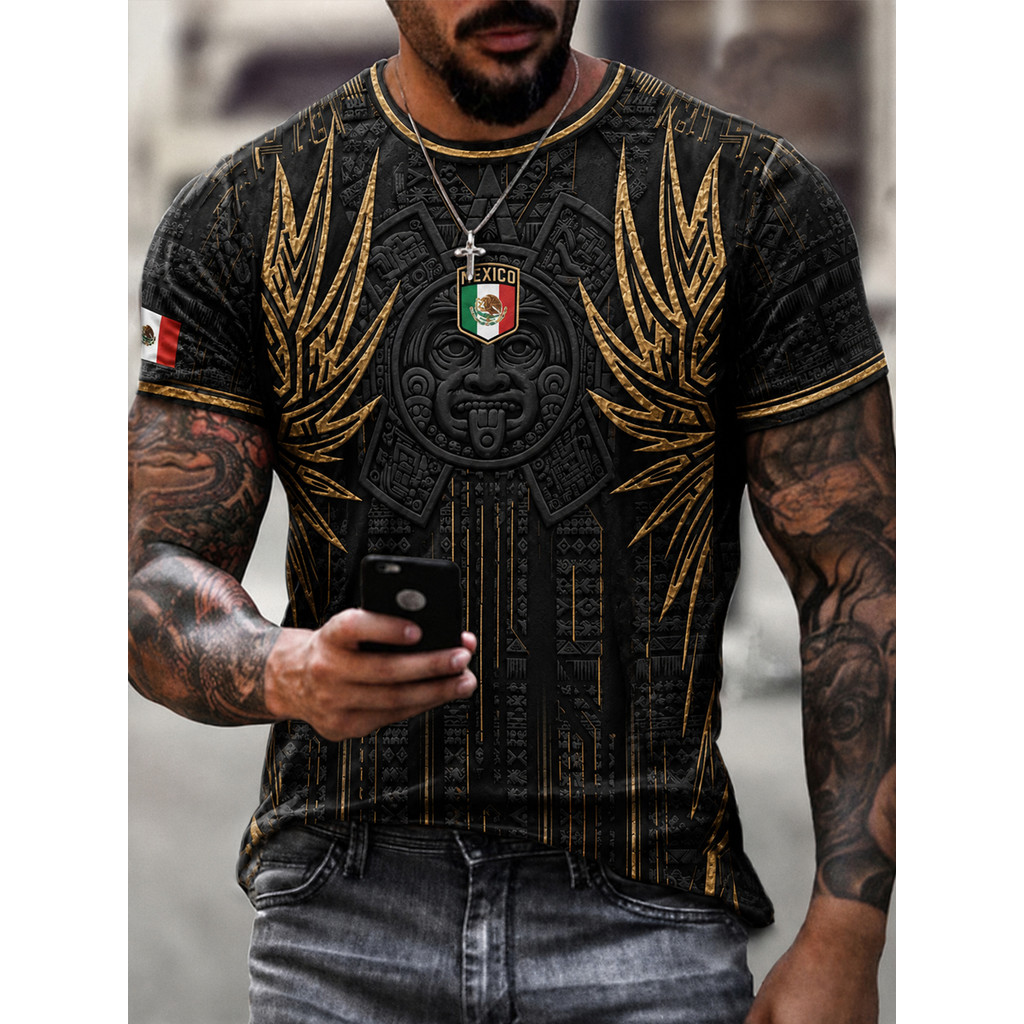 Mexico Aztec Sun Stone Gold Tribal Graphic Mens เสื้อยืด,สีดําเม็กซิกันธงแขนสั้น,ลําลองลูกเรือคอ Str