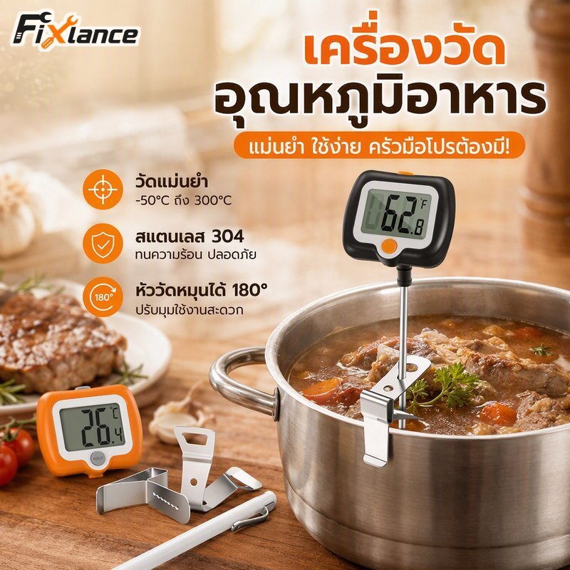 เครื่องวัดอุณหภูมิอาหารดิจิตอลจอแสดงผล จอแอลซีดี 304 หัววัดสแตนเลสบาร์บีคิวทนความร้อนที่มีความแม่นยําสูง