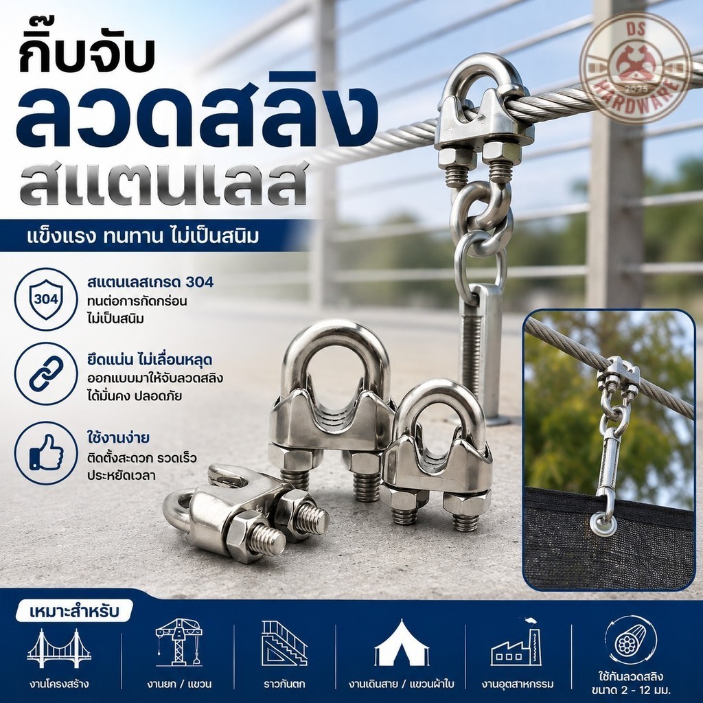 DS.Hardware- กิ๊บจับลวดสลิง กิ๊บล็อคสลิง แคมป์ล็อคสลิง สแตนเลส ขนาด M3/M5/M6/M8/M10/M12 พร้อมส่ง #AQ