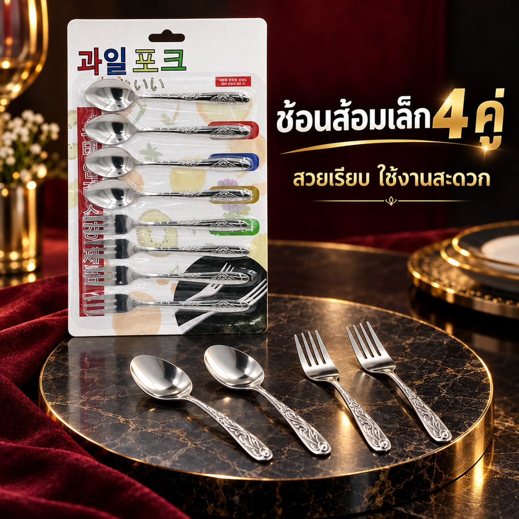(ยกโหล12แผง)ชุดช้อนส้อมเล็กสแตนเลส 4 คู่ 8 ชิ้น รุ่น L-1311 ด้ามลายสวย เหมาะสำหรับของหวาน ผลไม้ และอาหารว่าง