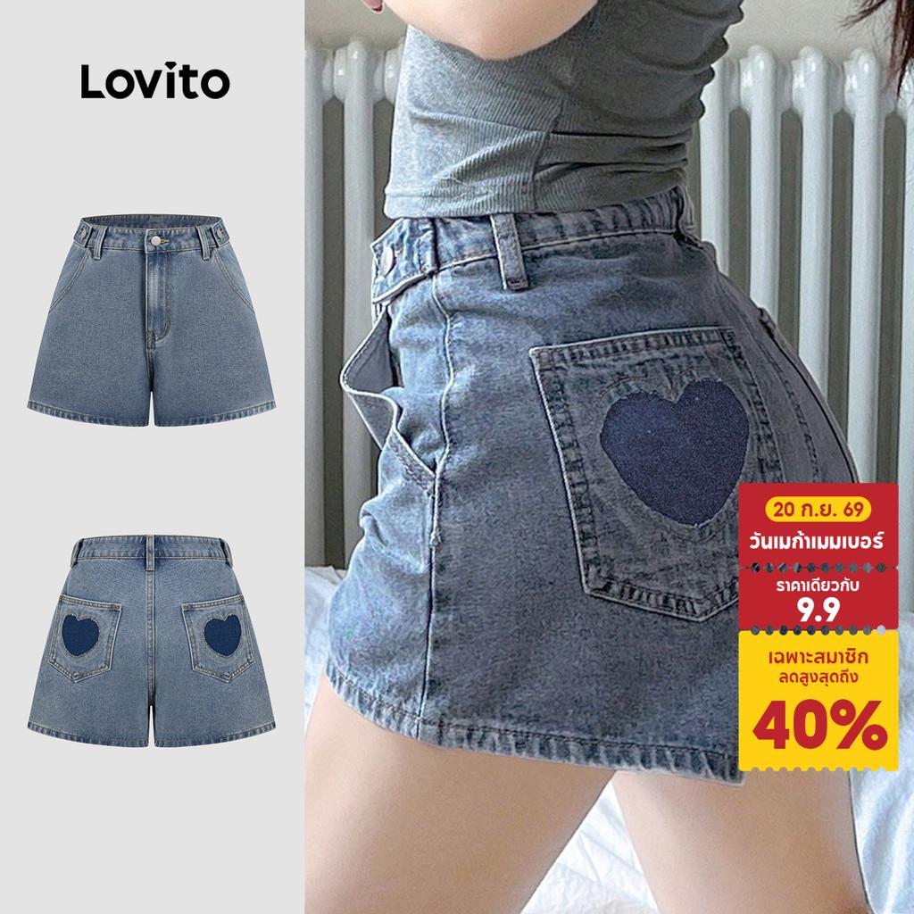 Lovito กางเกงขาสั้นเดนิมลําลองผู้หญิง สีฟ้าอ่อน เดนิมขาสั้นฤดูใบไม้ผลิ/ฤดูร้อน พร้อมกระเป๋า ทรงรีแลกซ์ L183ED041