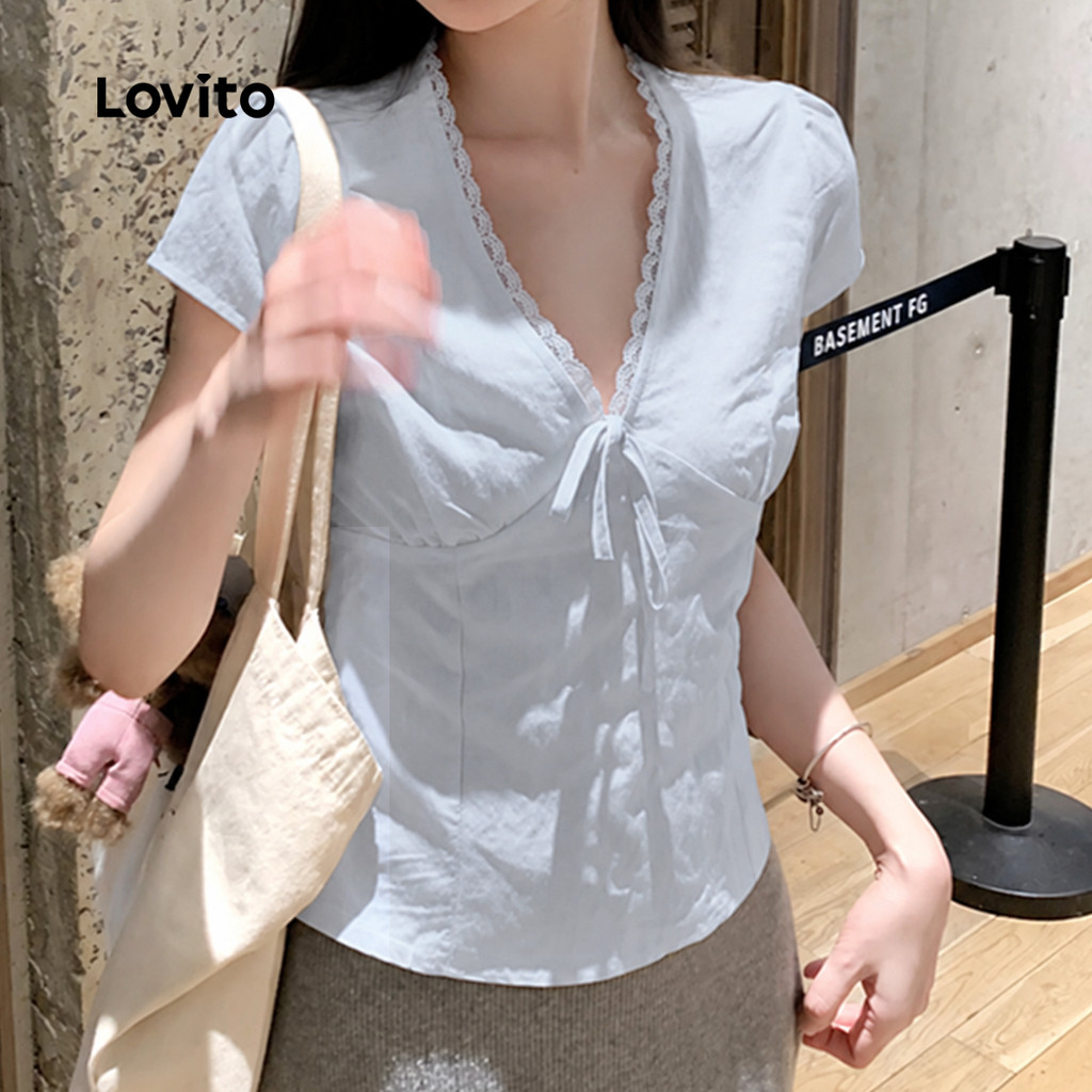 Lovito بلوزة دانتيل بكتف مكشوف — أبيض — صورة 5