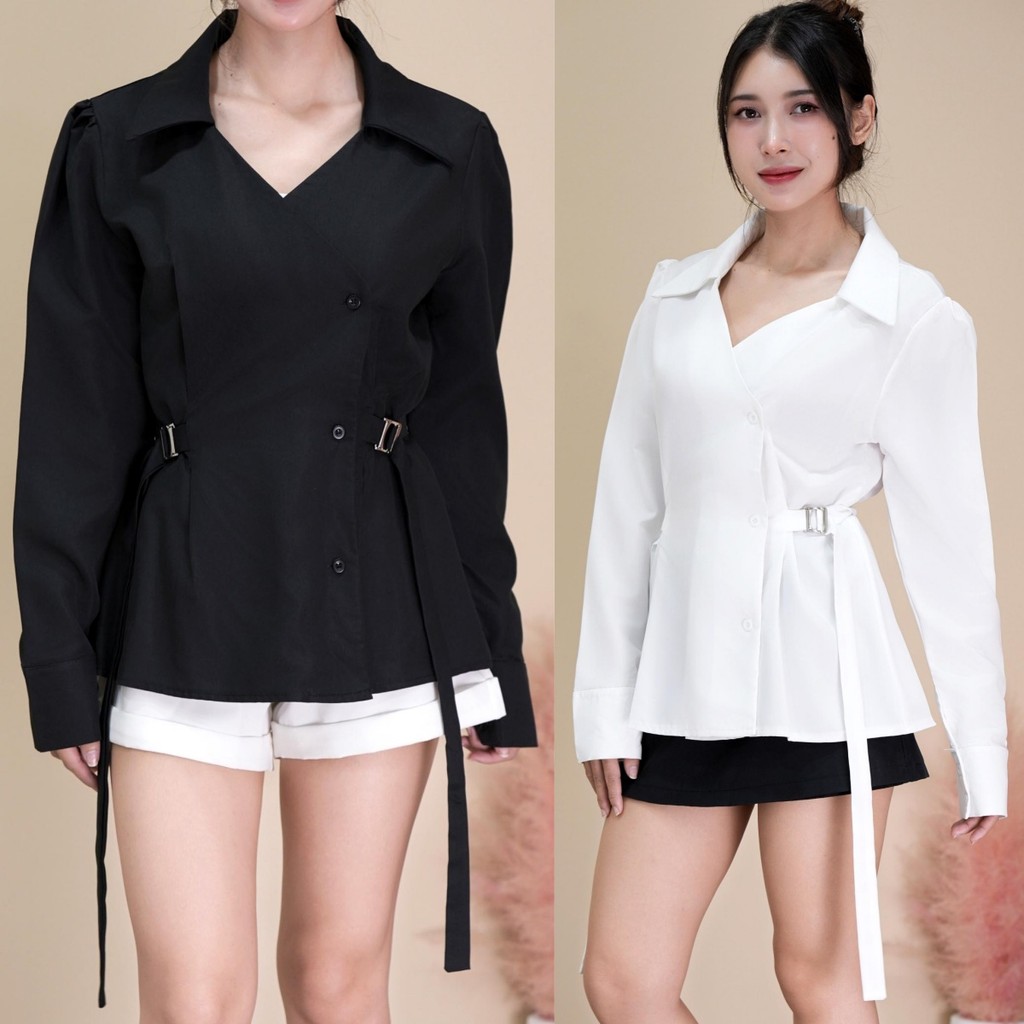 เสื้อเชิ้ตแขนยาว คอปก ดีเทลเข็มขัดแต่งรัดเอว เก๋ๆ ชิคๆ สไตล์เกาหลีเกาใจ ผ้าคอตตอนใส่สบายมาก ทรงสวยแมทซ์ลุคง่าย