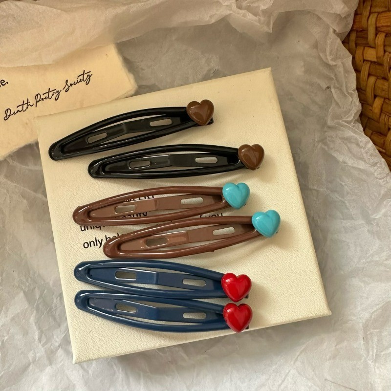 คลิปผมทรงบีบี ลายหัวใจสีแดง กากี และฟ้า สำหรับตกแต่งเส้นผม