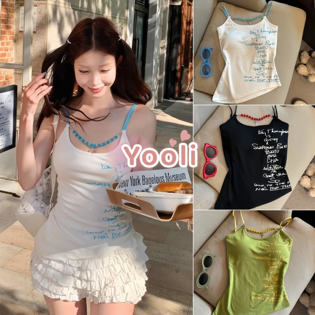 เสื้อสายเดี่ยว เสริมฟองน้ำสีสดใส มินิมอล ยืดใส่สบาย ดีเทลแต่งลูกปัดเก๋ๆ สไตล์ฮิปฮอป สีดำ