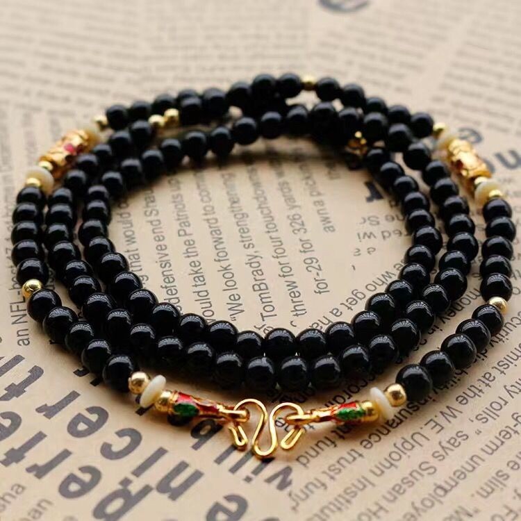 T Thailand Amulet Necklace with 6mm Beads - Black Chain with Gold Enamel Buckle