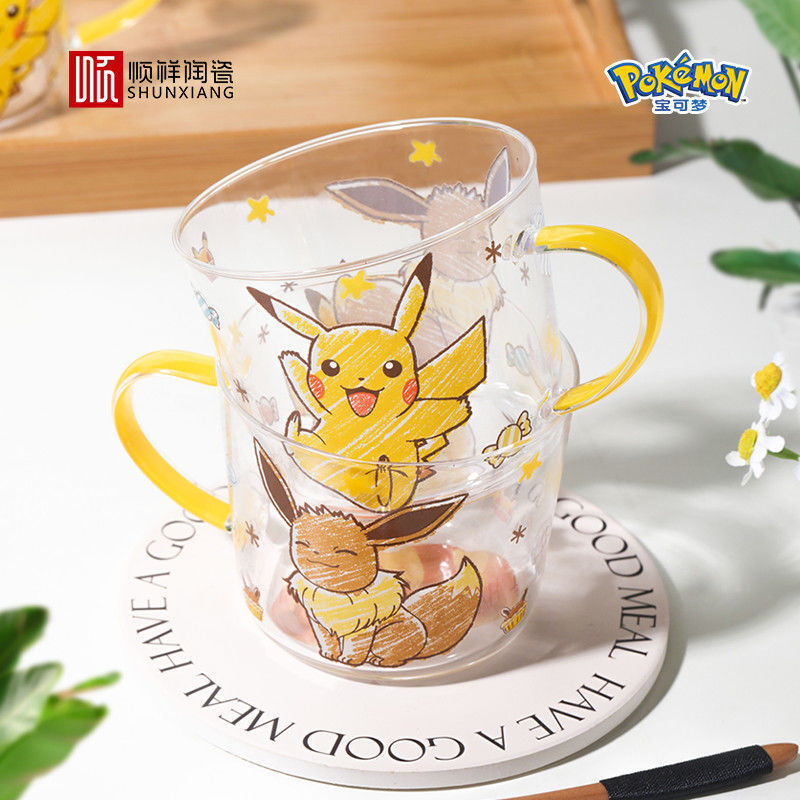 Pokemon Pikachu Eevee แก้วและแว่นตาการ์ตูนความจุขนาดใหญ่ (สไตล์คู่)
