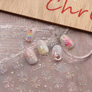 HAMA เล็บนูนสติกเกอร์เล็บคริสต์มาสการ์ตูน Santa Claus ต้นคริสต์มาสเกล็ดหิมะดอกไม้ไฟฝรั่งเศสประณีตสติกเกอร์ตกแต่ง Decals วันหยุดเล็บ