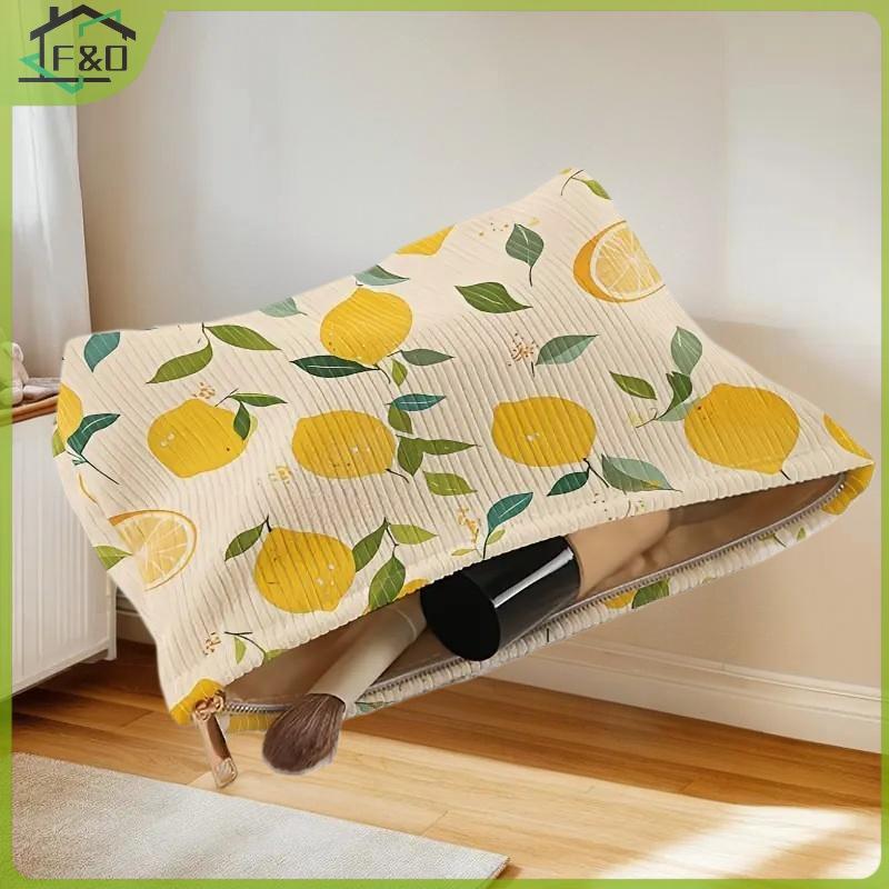 F&O แฟชั่น Fresh Lemon Corduroy กระเป๋าเครื่องสําอางขนาดใหญ่ความจุกระเป๋าแต่งหน้ามัลติฟังก์ชั่นกระเป