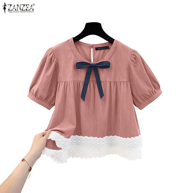 ZANZEA สไตล์เกาหลีสำหรับผู้หญิง ฤดูร้อน พัฟแขน โบว์ตัดต่อสีตัดทึบ และงานปักลายลูกไม้ — صورة 6