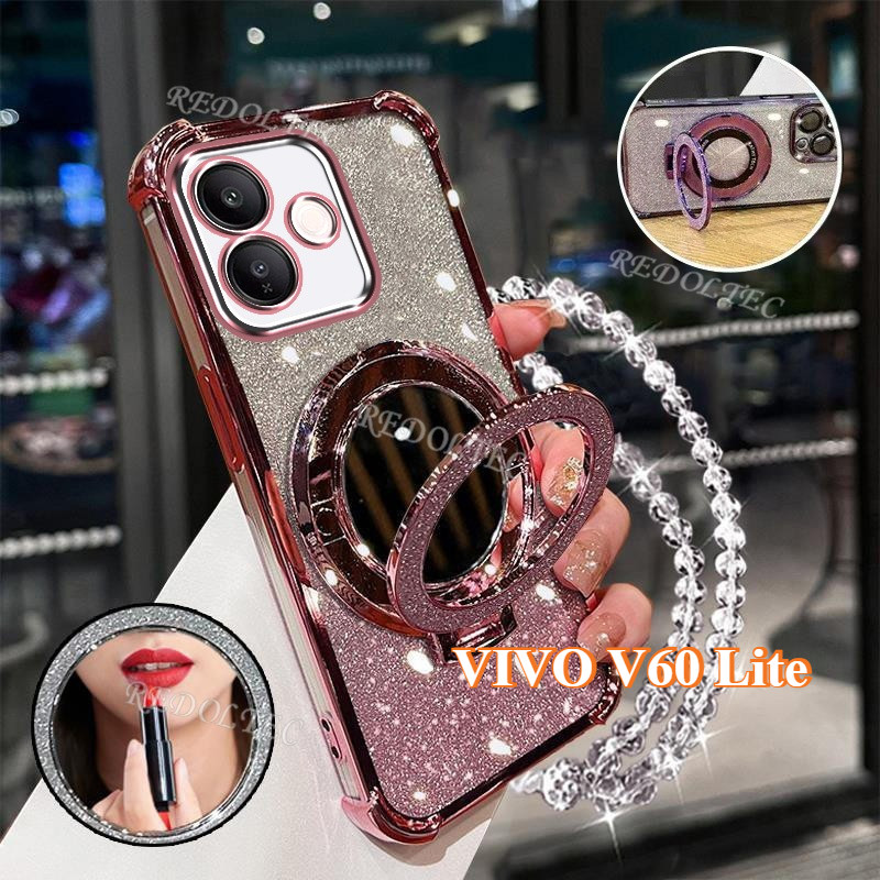 เคส VIVO V60 Lite 5G 4G ใหม่Gradient Glitterปลอกพร้อมกระจกแต่งหน้าขาตั้งแม่เหล็กVIVO V60Liteเลนส์ป้องกันพร้อมวงเล็บเชือกเส้นเล็กฝาครอบโทรศัพท์กันกระแทก