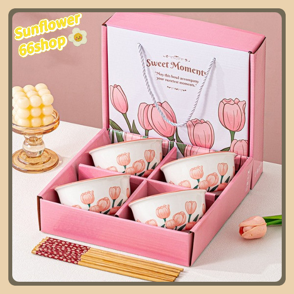 Sunflower66 ชุดถ้วยเซรามิกพร้อมตะเกียบ 🌷ชุดถ้วยเซรามิลายดอกทิวลิป🌷 เซ็ตของขวัญ มีกล่องแพคเกจสวยงาม พร้อมส่ง🍜
