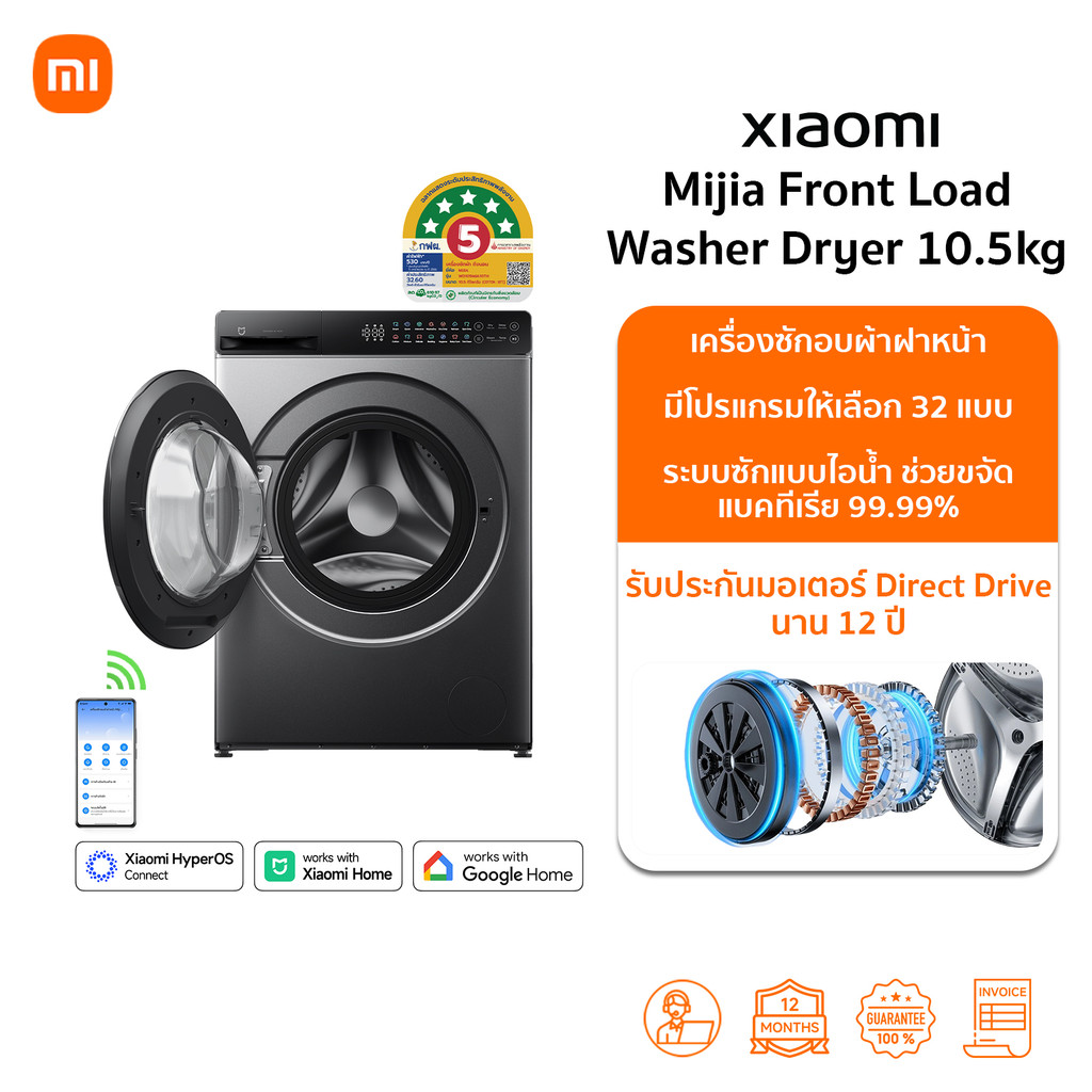 Mijia Front Load Washer Dryer 10.5kg เครื่องซักอบผ้าฝาหน้าอัจฉริยะ|รับประกันมอเตอร์ Direct Drive นาน
