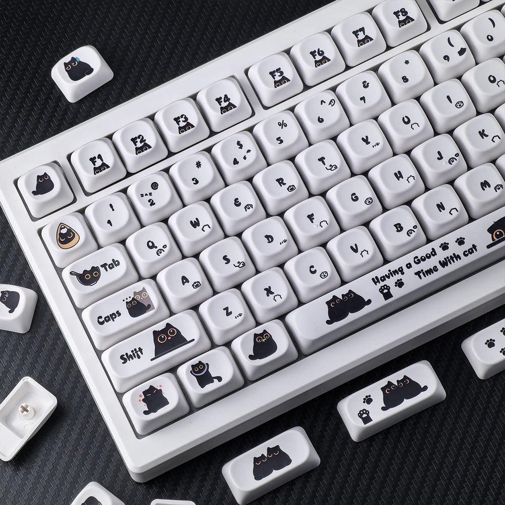 Black Cat Keycaps MOA 124 คีย์ PBT Dye Sublimation AULA F75/F99/RK100 Mechanical Keycaps ลายการ์ตูน ลูกแมว