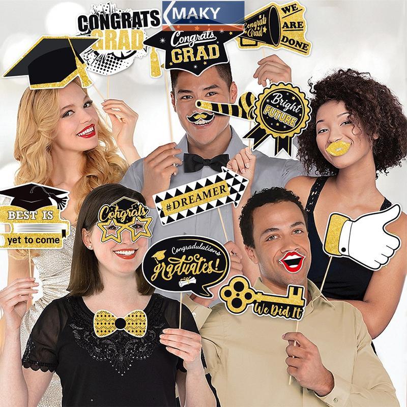 MAKY 28 ชิ้นจบการศึกษา Photo Booth Props ชุด, DIY ตกแต่งการถ่ายภาพจบการศึกษา Party Pose ป้ายสําหรับผ