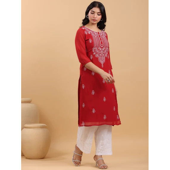 Maroon Georgette Sobar Thread ปักตรง Punjabi Kurta พร้อม Linings / Only Top [อินเดีย Dre...