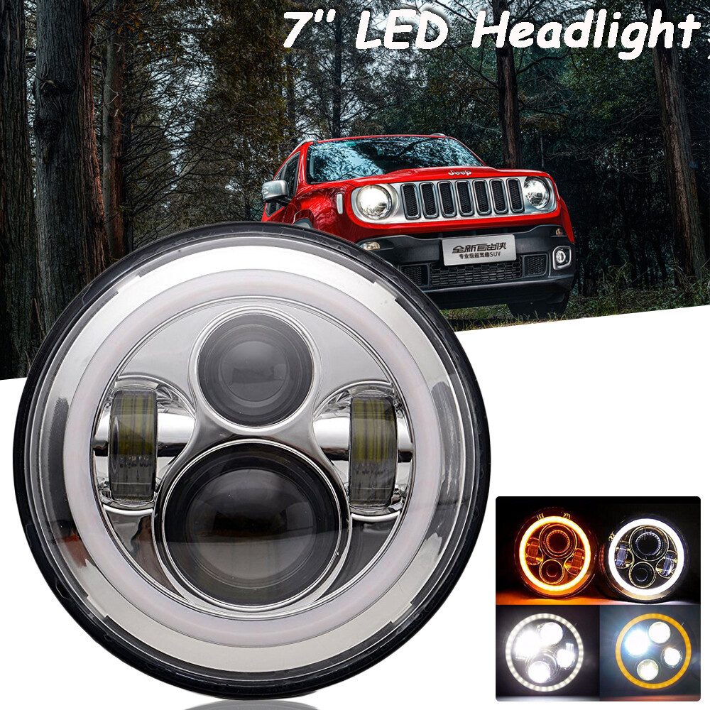 7 "รถจักรยานยนต์ LED Hi/Lo Projection Halo Angel Eye ไฟหน้า E-Tested Chrome-