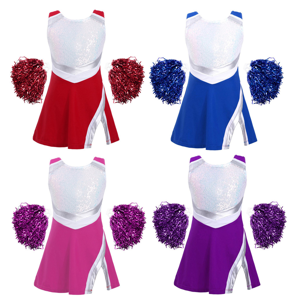 Yeahdor ชุดเชียร์ลีดเดอร์สําหรับเด็กผู้หญิงชุดเชียร์ลีดเดอร์พร้อมปอมปอมปาร์ตี้ฮาโลวีนแต่งตัว