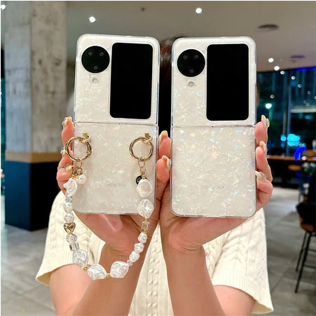 Glitter Dream Shell Casing Pattern OPPO Find N3 Flip N2 Flip Case พร้อมสร้อยข้อมือกันกระแทก Slim Har