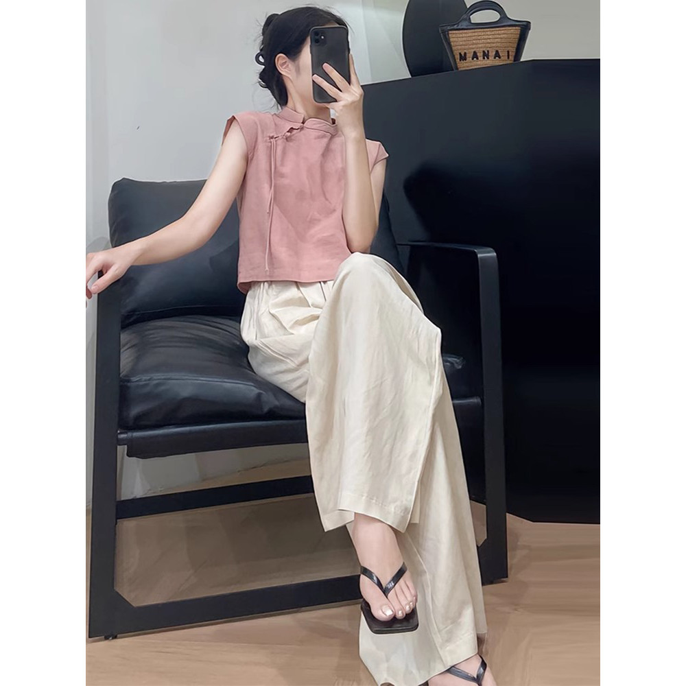 ใหม่สไตล์จีนสีชมพู กี่เพ้า เสื้อผู้หญิงฤดูร้อนสไตล์ใหม่เก๋แขนกุดด้านบนออกแบบ ซอก