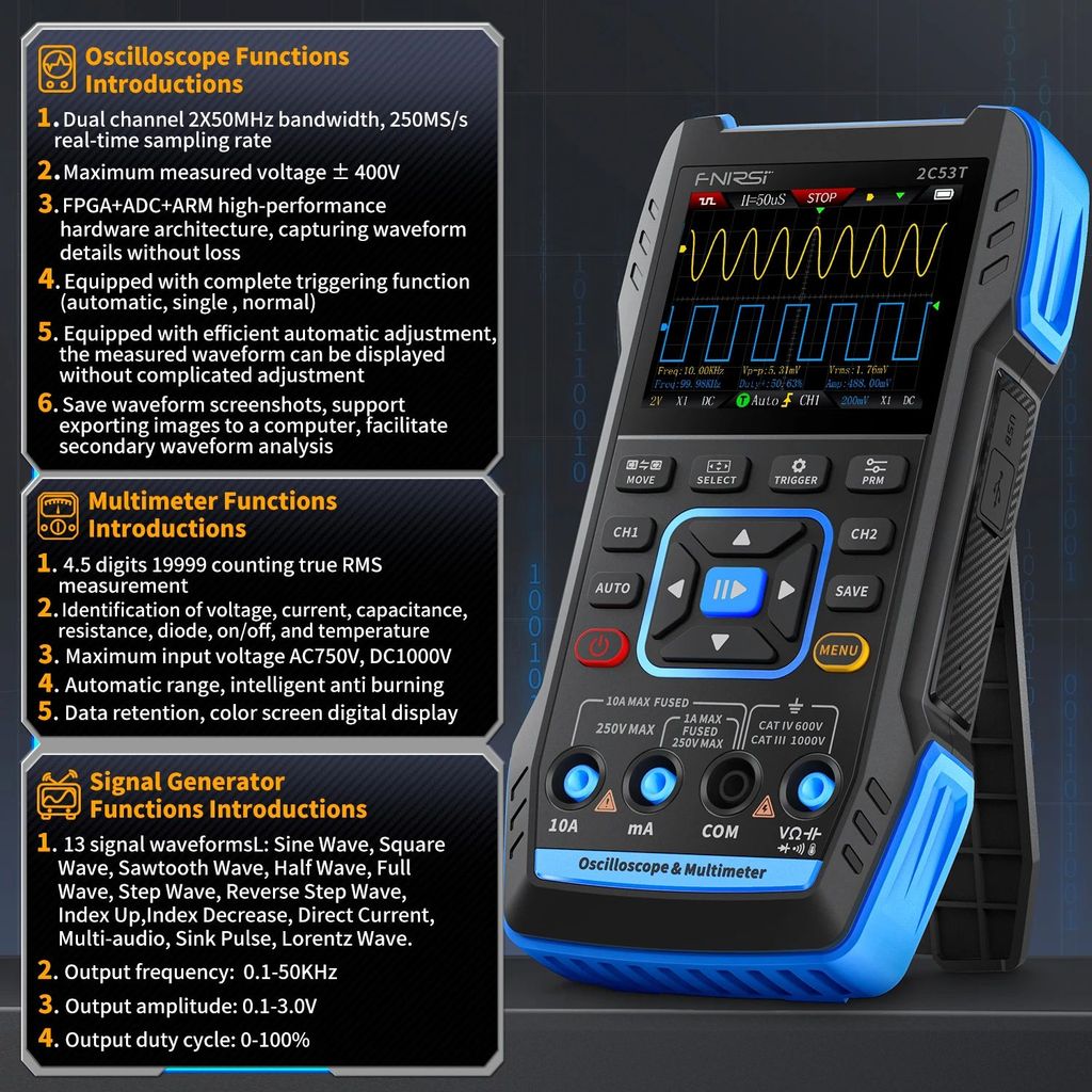 FNIRSI 2C23T 2C53T อัพเกรด 50MHz Handheld Digital Oscilloscope มัลติมิเตอร์สัญญาณเครื่องกําเนิดไฟฟ้า