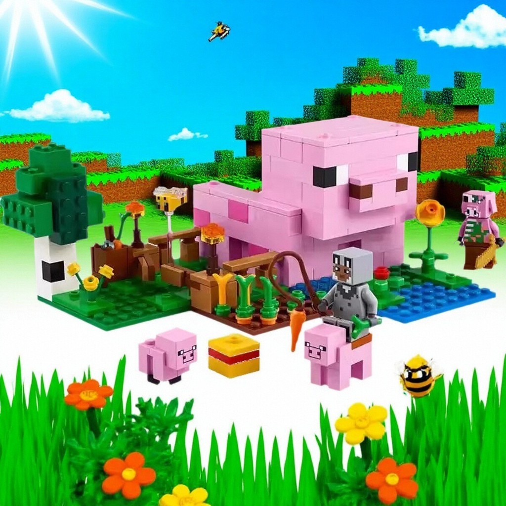 minecraft toy minecraft เหมาะสําหรับเลโก้บล็อกตัวต่อ Minecraft 21268 Pig Baby House and Garden House