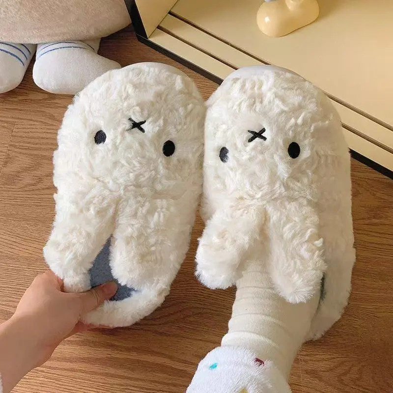 สุดน่ารัก มิฟฟี่ กระต่ายรองเท้าแตะผ้าฝ้ายผู้หญิงฤดูสวมใส่กลางแจ้งกันลื่นหนา พื้นรองเท้า บ้านในร่มส้นรองเท้าผ้าฝ้ายที่อบอุ่น