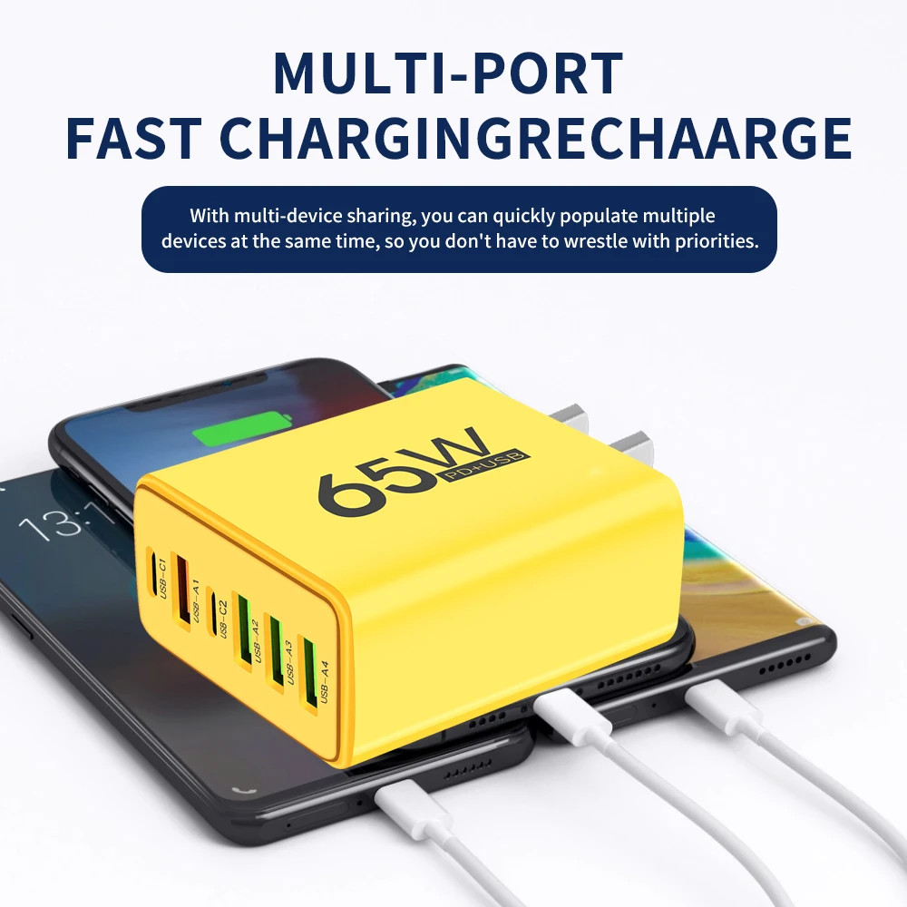 1 pcs รวม 65W USB C Charger Muti 6 พอร์ต Fast Charging QC3.0 ประเภท C โทรศัพท์มือถือ Wall Adapter สํ