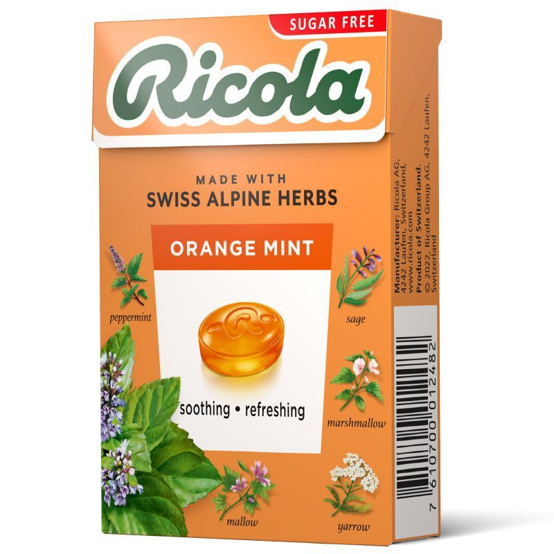ริโคลาลูกอมชูการ์ฟรีออเรนจ์มินต์ 40กรัม Ricola Orange Mint Sugarfree Candy 40g. [หมายเลขบาร์โค้ด 7610700012482 ]