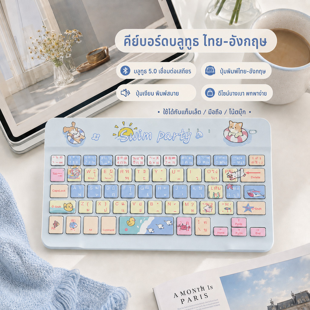คีย์บอร์ดบลูทูธ ไทย อังกฤษ ไร้สาย Bluetooth 5.0 ปุ่มเงียบ ชาร์จ Type-C ใช้กับ iPad แท็บเล็ต มือถือ ลายน่ารัก  Swim Party