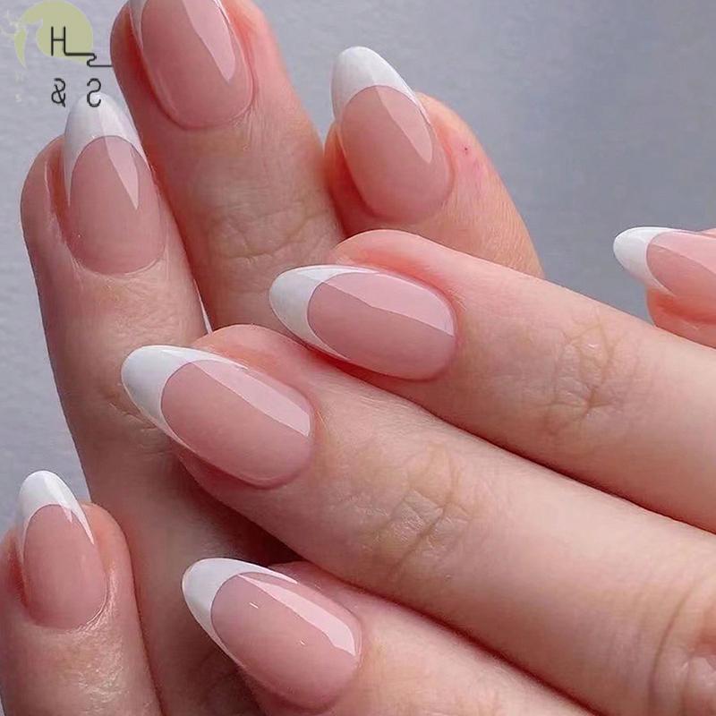 [H&S] 120/240/360 ชิ้น/กล่องGlossy Soft Gel Pink French Nail Tips Medium Almond White Simple Press O