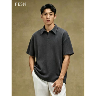 Textured Knit Polo Shirt ฤดูร้อนความรู้สึกระดับไฮเอนด์ คนพาล หล่อปกเสื้อโปโลแขนสั้นสีดําบริสุทธิ์