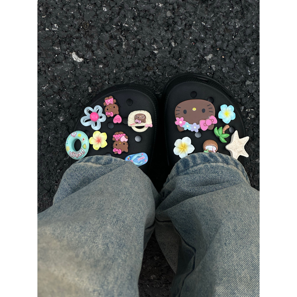 croc jibz jibbitz Hawaii kitty, Original Hole Accessories Summer Black Leather kitty Shoes Flower Sh