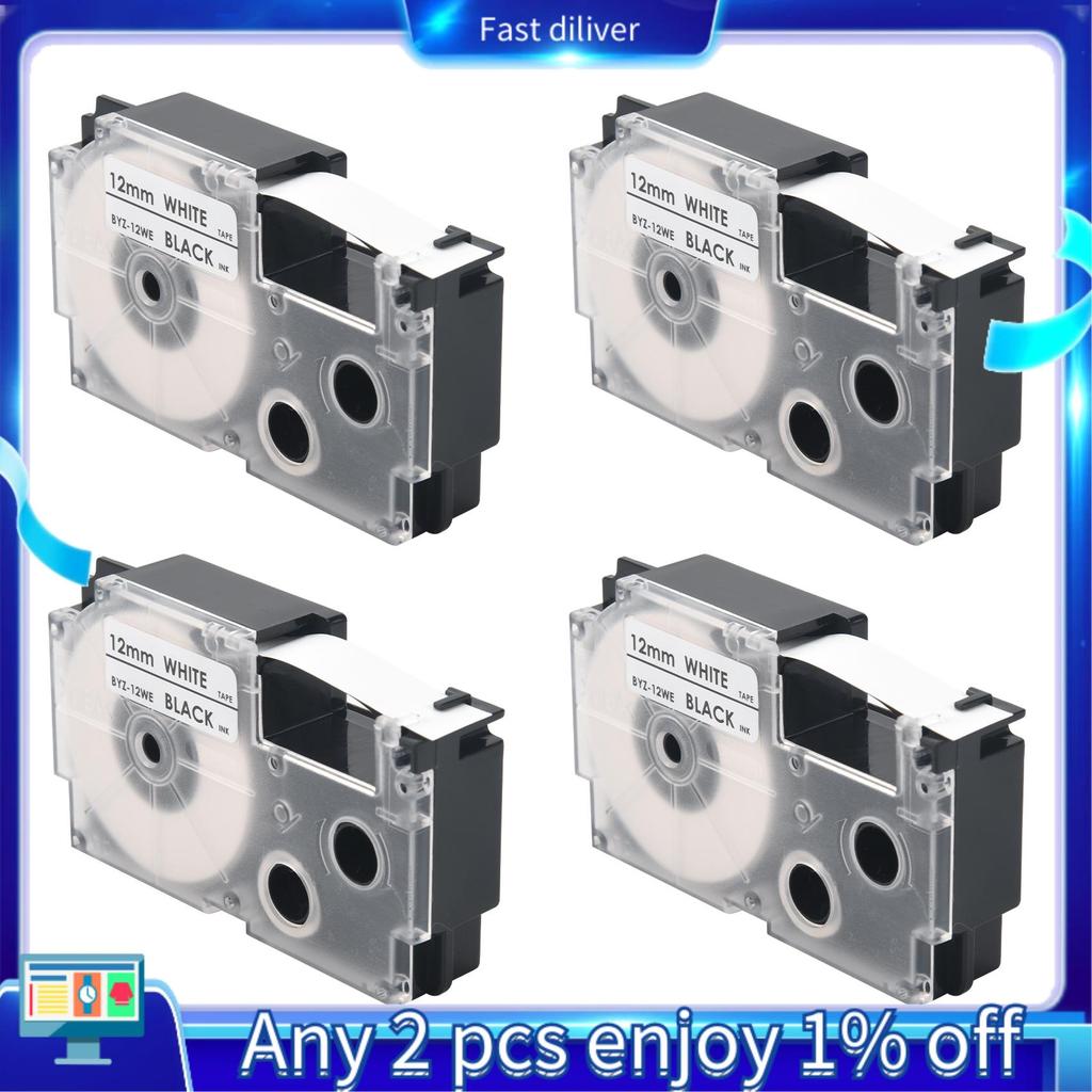4 แพ็ค 12 มม.สีดําบน White Label Tape Label Maker ใช้งานร่วมกับ KL1500 KL2000 KL7000 KL7200 -100 KL1