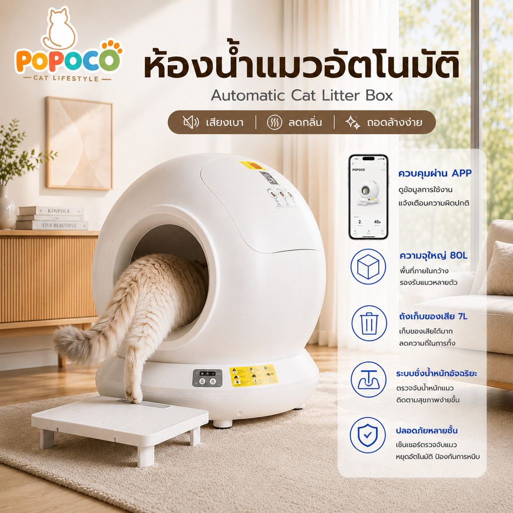 【POPOCO】ห้องน้ำแมวอัจฉริยะ กระบะทรายแมวอัตโนมัติ 80L APP Smart Cat Litter Box ลดกลิ่น เสียงเบา ปลอดภัย