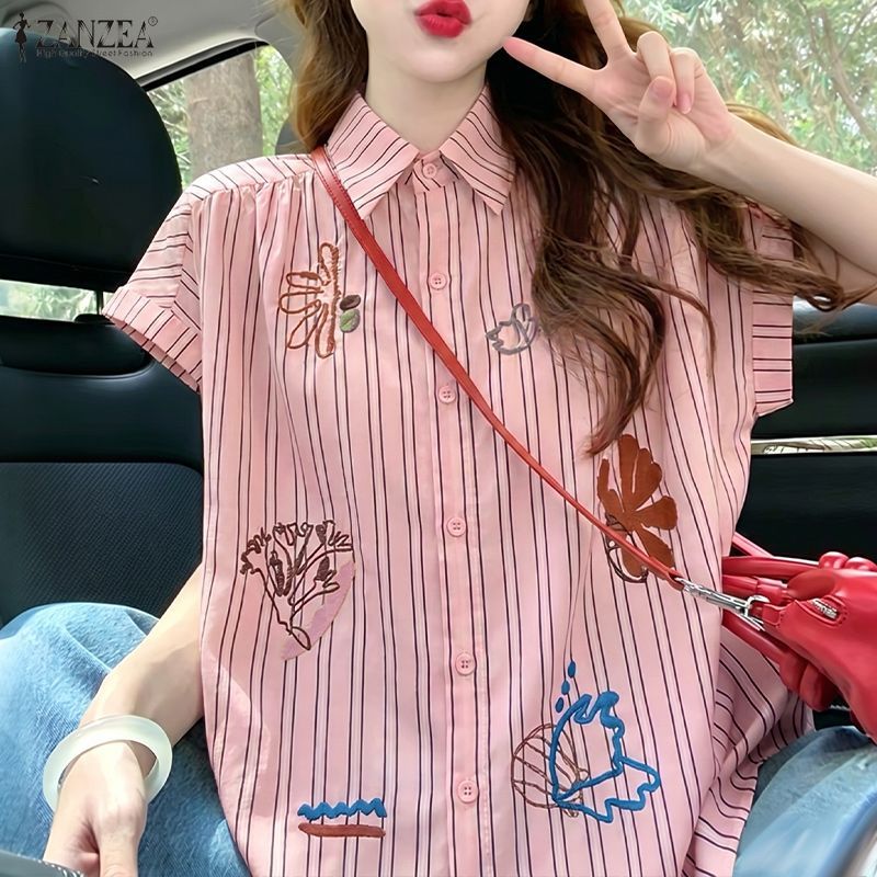 ZANZEA ผู้หญิงเกาหลี Streetwear อินเทรนด์ปกแขนสั้นพิมพ์กราฟิกปุ่มด้านบนเสื้อลาย — صورة 5