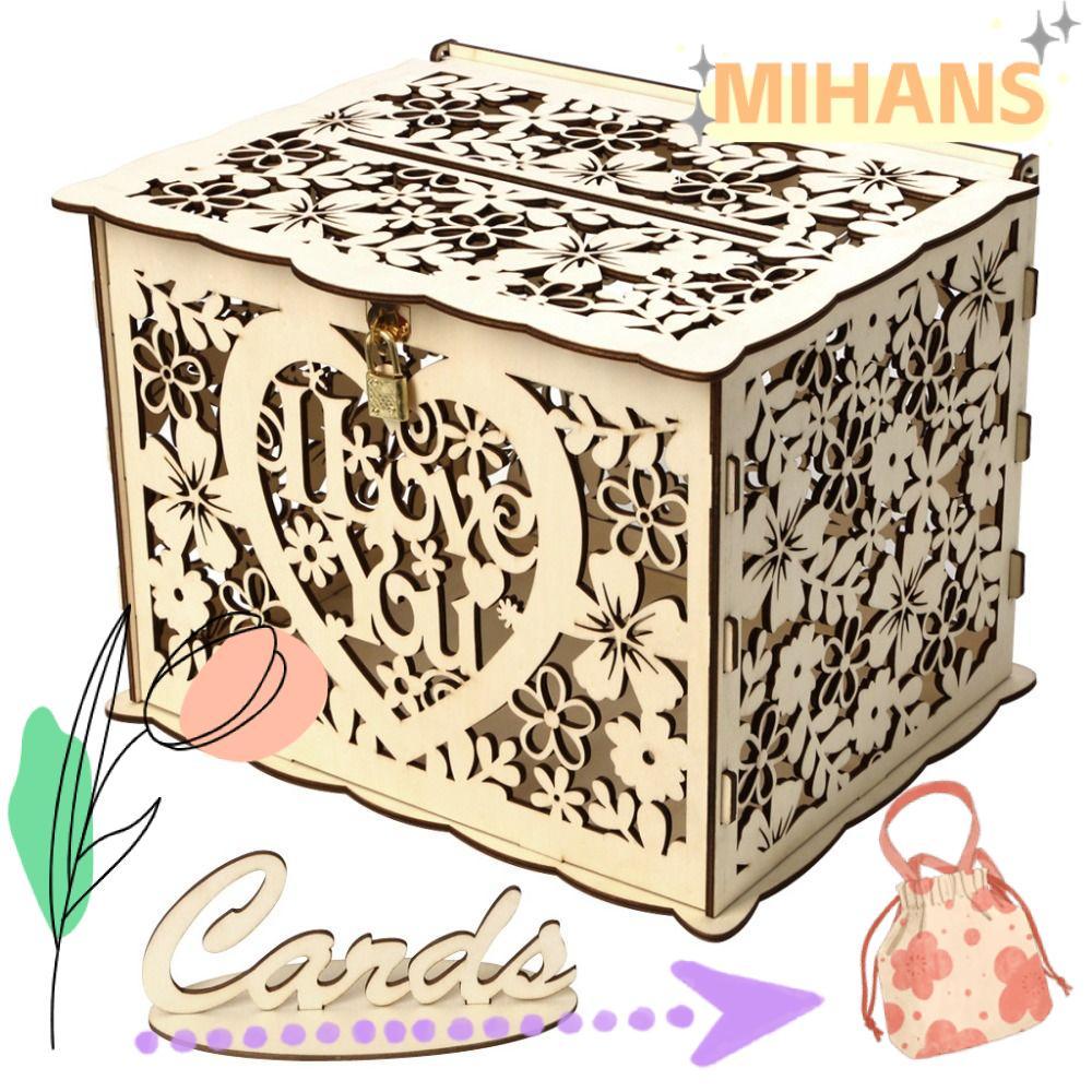MIH Hollow Sign-in Box, Wood Natural Colour Wood Gift Card Box,Reusable 25*20*18.3 CM Wedding Card B
