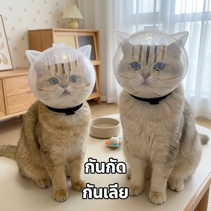 ครอบหัวแมวกันกัดกันเลีย แบบใส ระบายอากาศ ที่ครอบหัวแมวหลังผ่าตัด ปรับได้ พร้อมสายล็อค