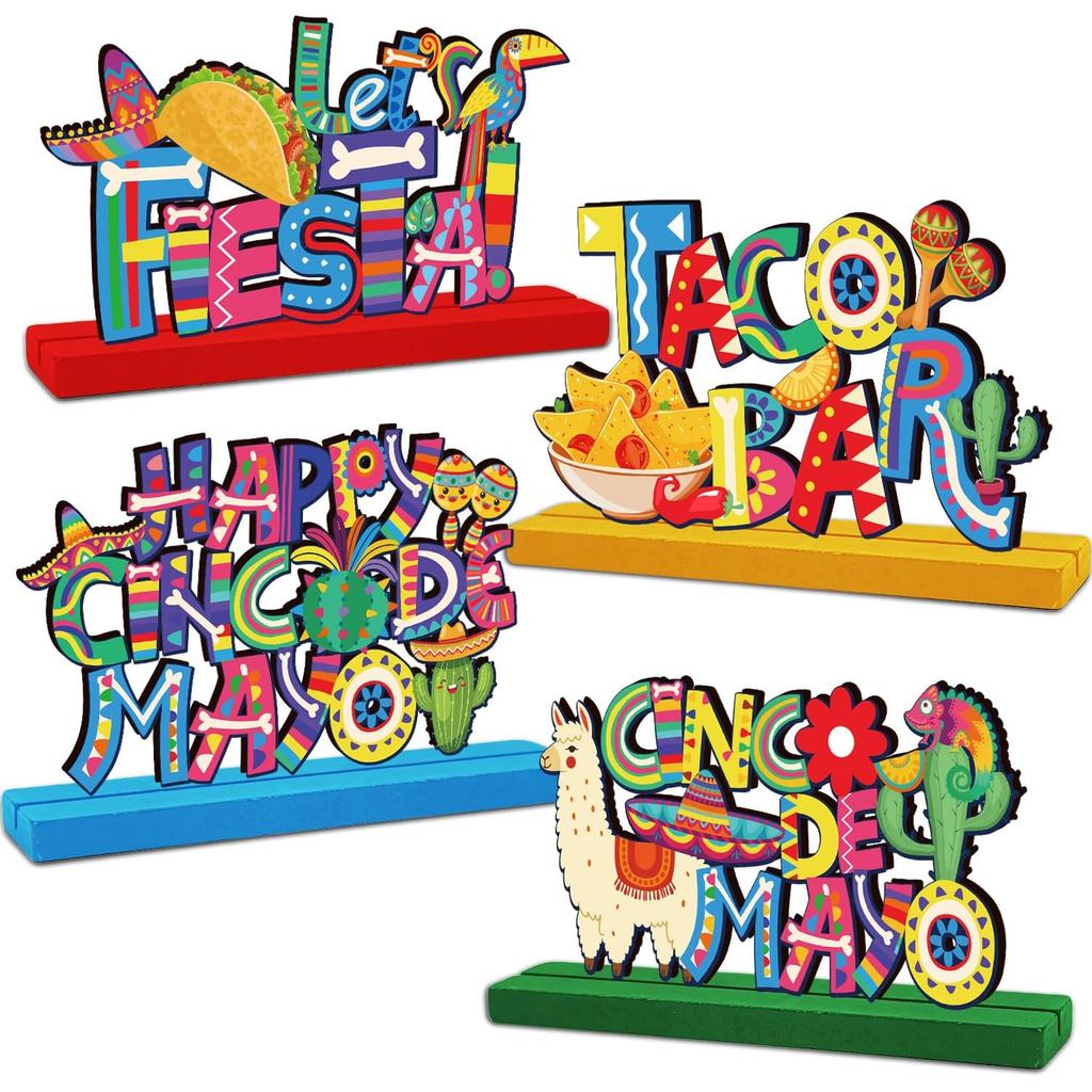 Cinco De Mayo ตกแต่ง - 4 ชิ้นไม้ Cinco De Mayo Centerpieces สําหรับตาราง, Happy Mexico 5 De Mayo ตาร