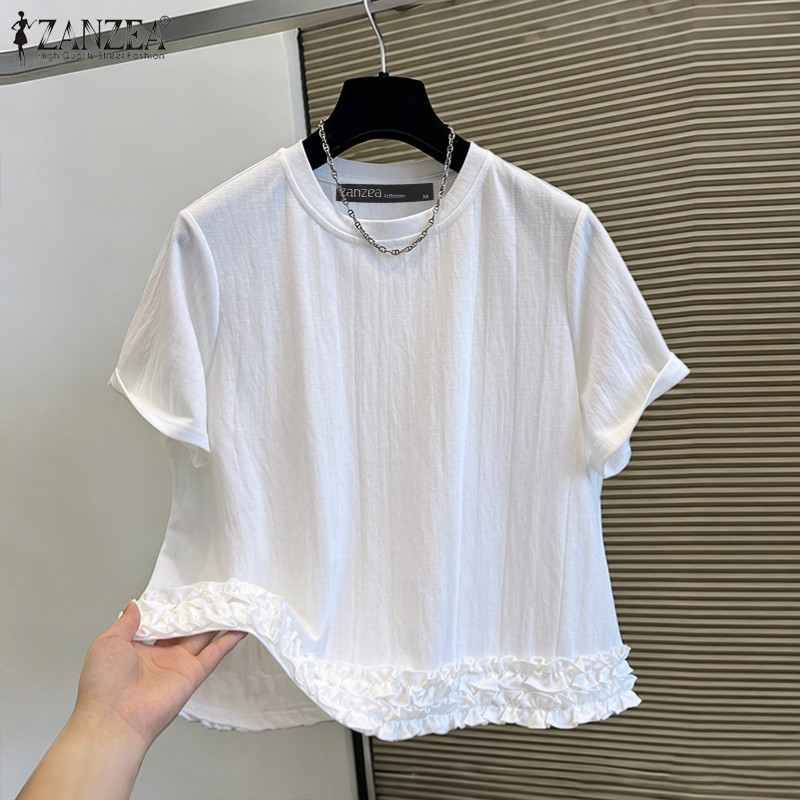 ZANZEA ซานเซีย เสื้อเบลาส์คอกลมแขนสั้นทรงหลวมแข็งแบบลําลองเกาหลีสําหรับผู้หญิง — صورة 4