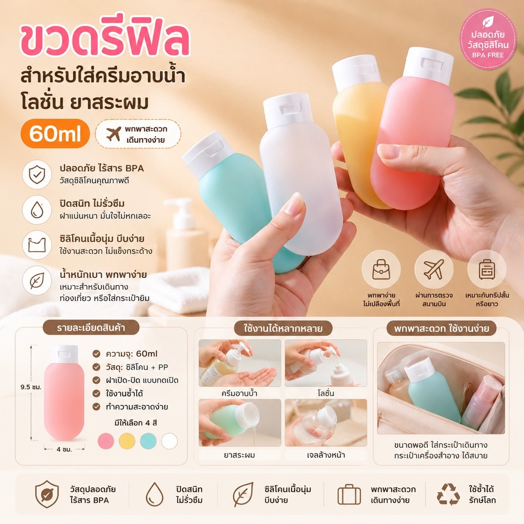 365mallshop（6013）ขวดโลชั่นแบบพกพา ขวดรีฟิล สำหรับโลชั่น แชมพู เจลอาบน้ำ ขนาด 60มล.