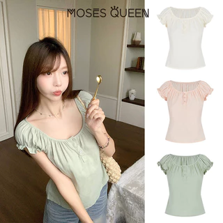 MOSESQUEEN เสื้อยืดแขนสั้นคอยูผ้าฝ้ายแท้พร้อมสายรัดดีไซน์สําหรับเอฟเฟกต์สลิมมิ่งและแขนพัฟ #63929