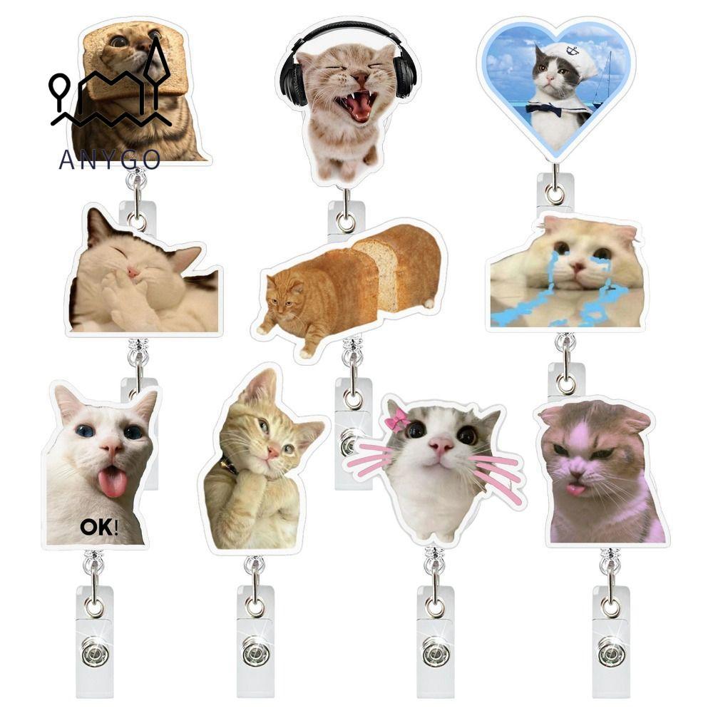 YRBWDYZDH พวงกุญแจแมว, Retractable Lanyard Memes Badge Reels, แมวตลก Memes Series อะคริลิคกระเป๋าจี้