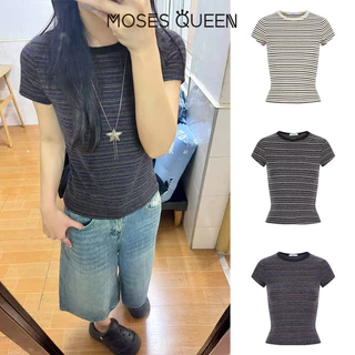MOSESQUEEN เสื้อยืดแขนสั้นลายทางสีตัดกันย้อนยุคสไตล์อเมริกันคอกลมและดีไซน์ไหล่ด้านหน้า - ท็อปมีสไตล์สําหรับร่างกาย #63960