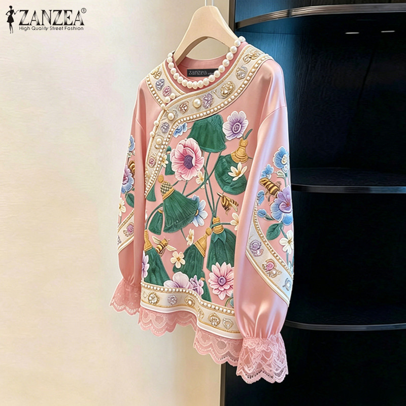 ZANZEA ซานเซีย ผู้หญิงเกาหลีวินเทจสไตล์จีนรอบคอแขนโคมไฟพิมพ์ลายดอกไม้ประดับด้วยลูกปัดเสื้อ — صورة 5
