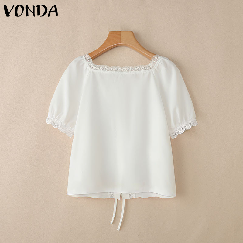 VONDA ผู้หญิงเกาหลีโรแมนติกวันหยุดสไตล์สแควร์คอพัฟแขน Tie-Up ดอกไม้พิมพ์เสื้อหวาน — صورة 8